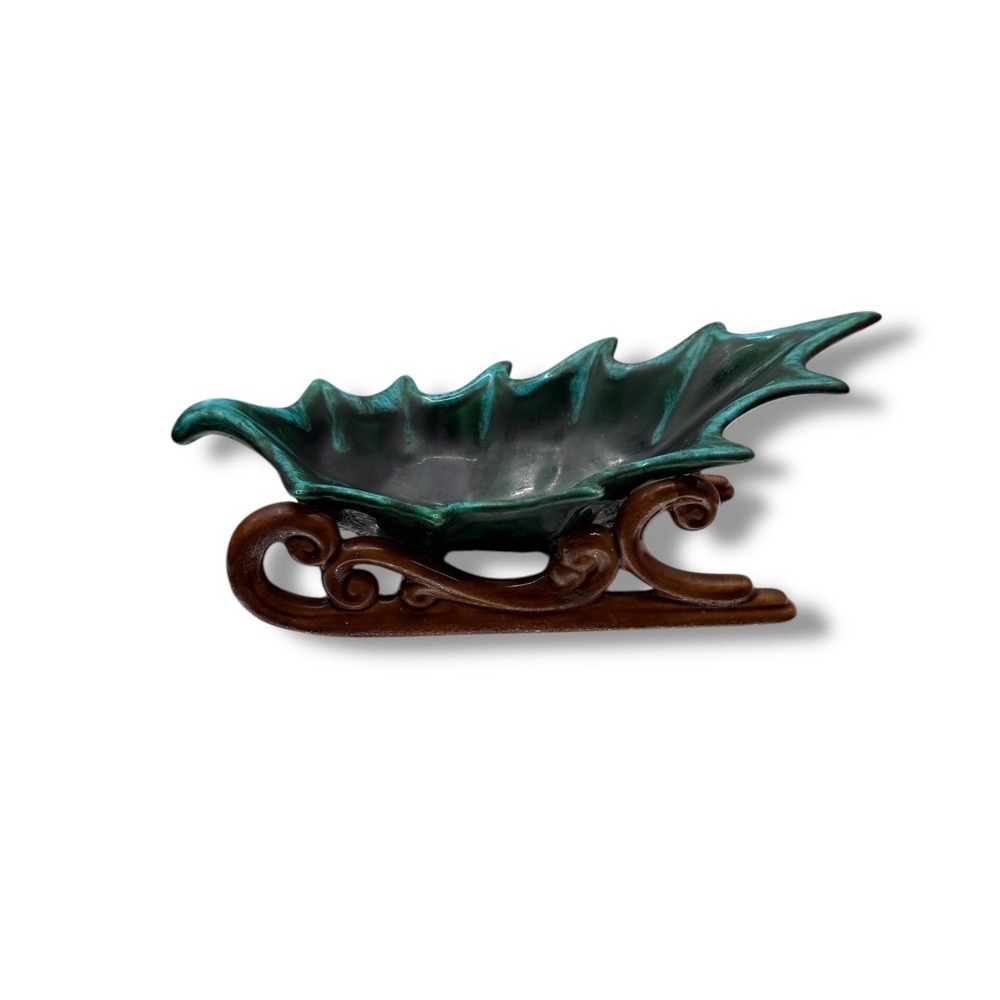 Vintage 1974‎ Ceramic Leaf Sleigh Dish Green Brown Holiday Decor Centerpiece